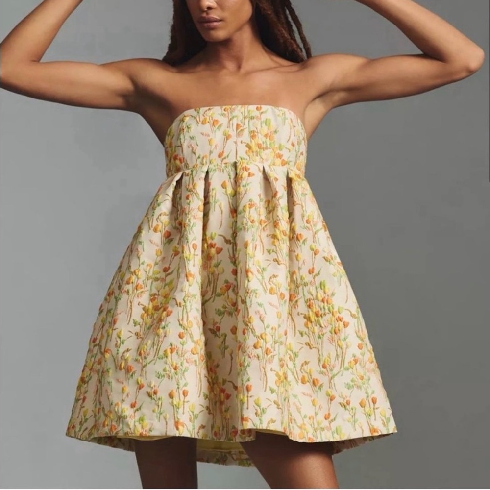 Anthropologie Maeve Strapless Jacquard Floral Babydoll Dress